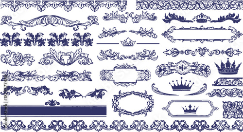 Blue Set of vintage calligraphic design elements featuring ornamental floral frames, victorian scrolls, and ornate retro vector borders for decorative classic labels and flourish style illustrations