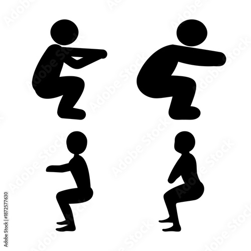 Collection of diverse black silhouette figures demonstrating various squatting positions