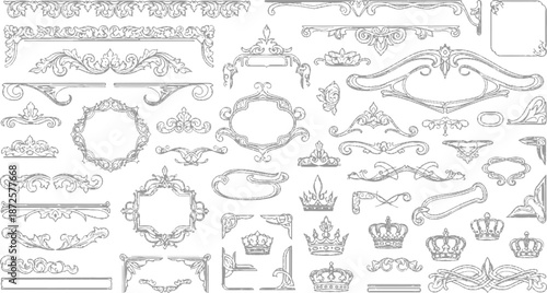 Black Vector set of ornamental vintage frames and calligraphic design elements featuring victorian floral swirls, retro borders, and decorative flourishes for wedding invitation cards and labels