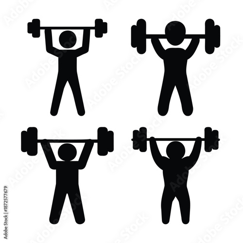 Black silhouette icons of a person engaged in weightlifting with a barbell, demonstrating strength training