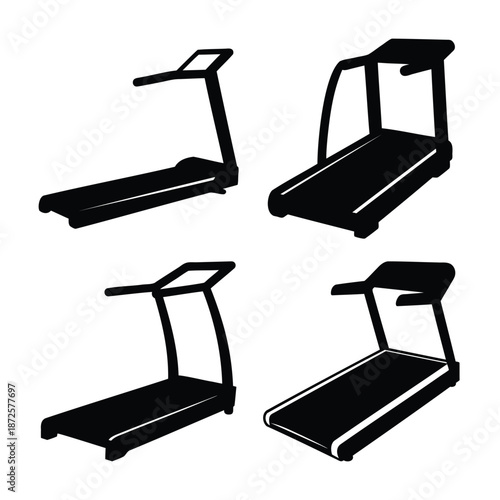 A diverse collection of treadmill silhouettes for fitness and workout equipment designs