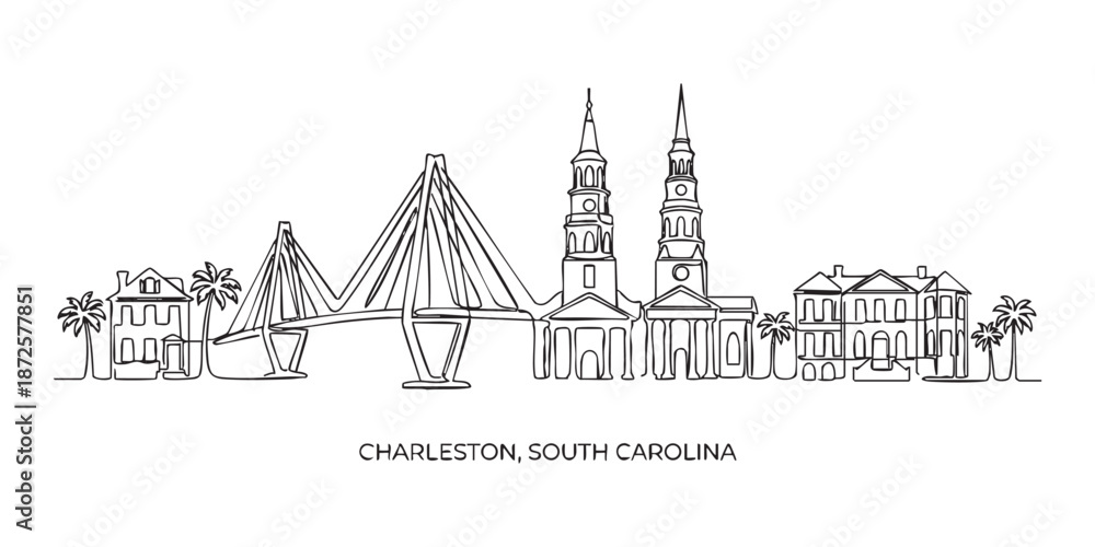 Naklejka premium Charleston, South Carolina City Skyline Continuous Line Art with Ravenel Bridge and Churches