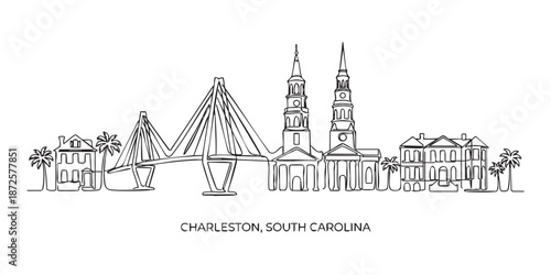 Charleston, South Carolina City Skyline Continuous Line Art with Ravenel Bridge and Churches