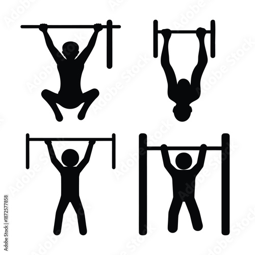 Different silhouettes of a person performing various exercises on a horizontal pull-up bar