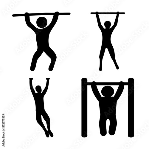 Silhouettes demonstrating various pull-up and chin-up positions on a horizontal bar for fitness