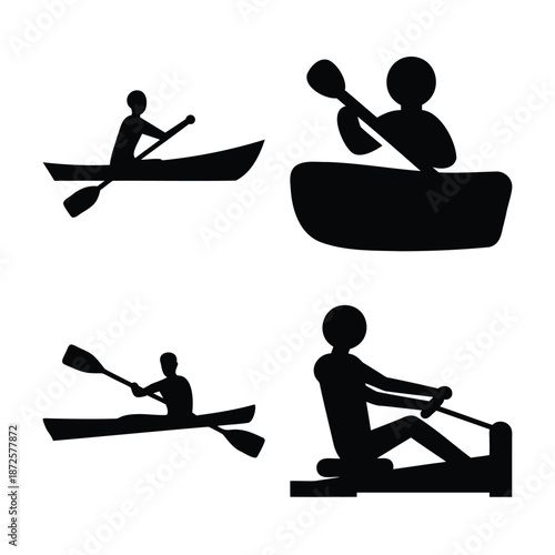 Silhouettes of individuals engaged in kayaking, canoeing, and indoor rowing activities