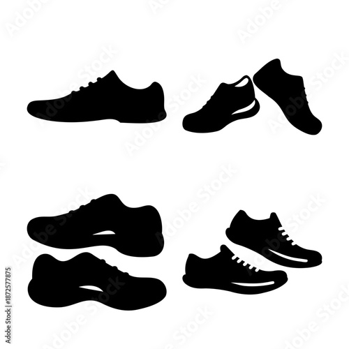 Collection of athletic shoe silhouettes in various poses and arrangements against a white background