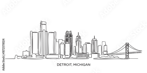 Detroit, Michigan City Skyline Continuous Line Art with Renaissance Center and Bridge