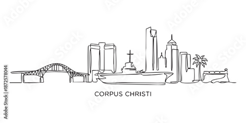 Corpus Christi, Texas Skyline Continuous Line Art with USS Lexington and Harbor Bridge