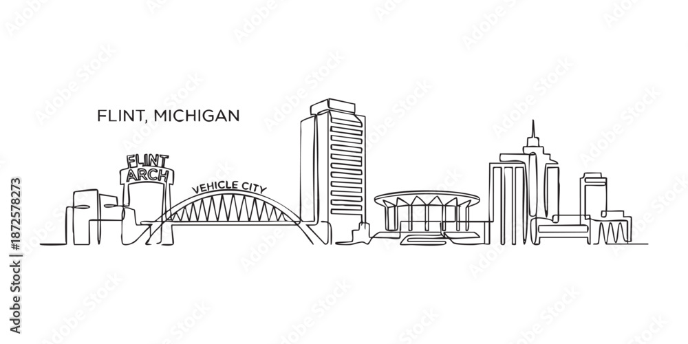 Fototapeta premium Flint, Michigan City Skyline Continuous Line Art with Vehicle City Arch