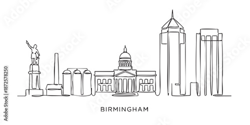 Birmingham, Alabama City Skyline Continuous Line Art with Vulcan Statue