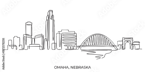 Omaha, Nebraska City Skyline Continuous Line Art with Bridge and Tower