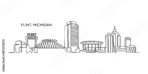 Flint, Michigan City Skyline Continuous Line Art with Vehicle City Arch