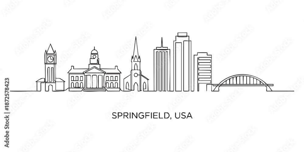 Obraz premium Springfield, USA City Skyline Continuous Line Art with Clock Tower and Bridge