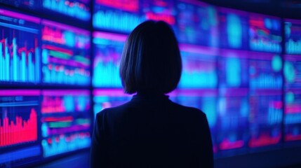 Cross border trade, A person stands in front of colorful digital displays showing graphs and data, illuminated in vibrant blue and pink hues.