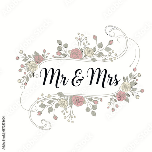 Elegant floral wedding banner with Mr & Mrs text