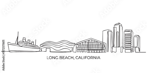 Long Beach, California City Skyline Continuous Line Art with Queen Mary Ship
