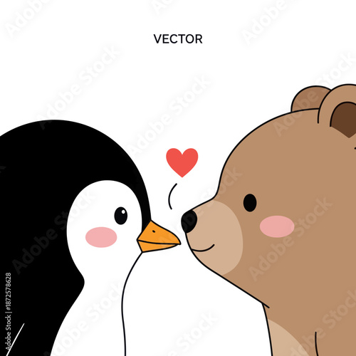 Cute penguin and bear sharing a romantic moment with heart