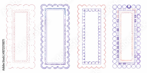 Four decorative rectangular frames with scalloped edges in various pastel colors