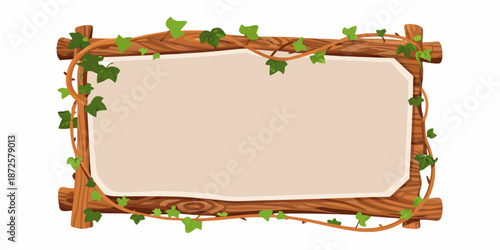 A rustic wooden frame adorned with lush green vines and leaves