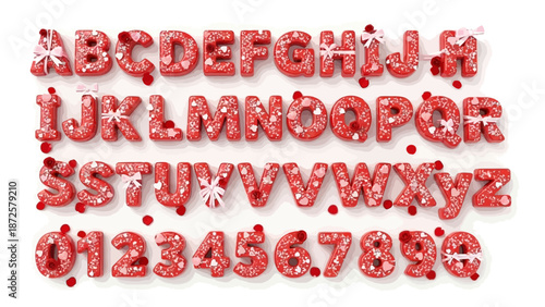 Creative 3D rendered alphabet, numbers, and symbols adorned with festive glitter and bows, perfect for celebratory designs and charming typography projects