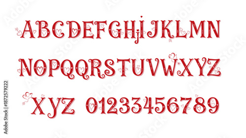 Decorative red alphabet and numbers with heart accents, perfect for crafting, design, and personalized projects featuring unique lettering and stylish numerals