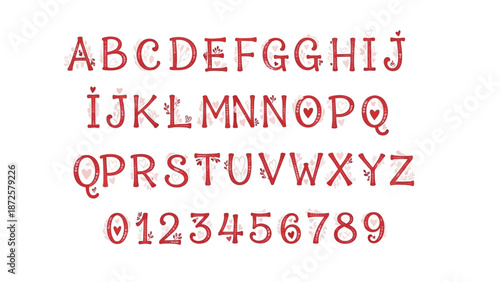 Charming Red Alphabet and Numerals Featuring Heart Embellishments for Romantic and Festive Design Projects