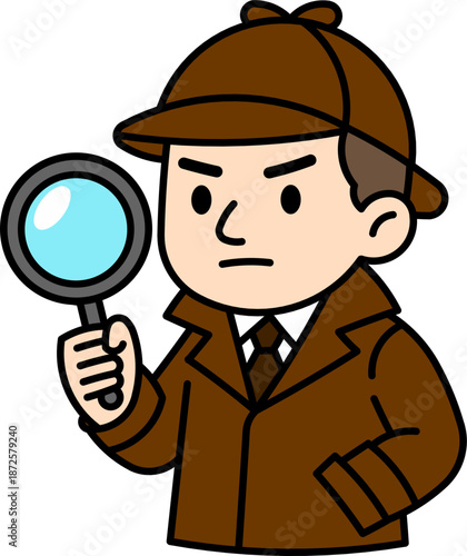 Detective character holding a magnifying glass in cartoon style