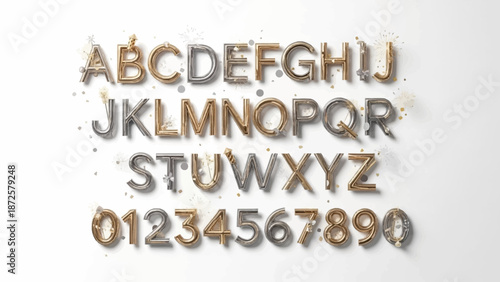 Captivating 3D alphabet and number font design with a metallic, textured finish and scattered particles, perfect for graphic design projects