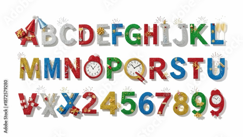 Festive holiday alphabet and number set featuring shimmering decorations, ornaments, bows, and gift boxes, perfect for Christmas and New Year celebrations