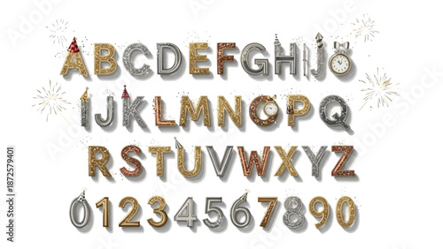 Alphabet and Numbers With Festive Elements Like Sparklers, Hats, and Clocks, Displayed on a White Background for a Celebratory Theme