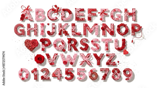 Beautiful Floral Alphabet Letters and Numbers Decorated with Roses and Hearts, Perfect for Valentine's Day and Romantic Occasions