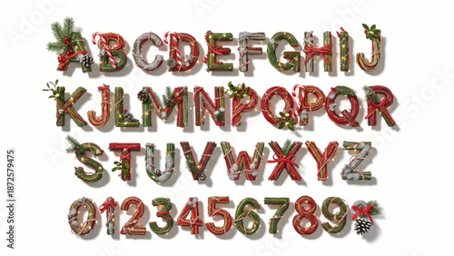 Festive Christmas Alphabet Font with Numbers and Decorations, Ideal for Holiday Designs and Seasonal Greetings