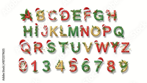 Festive Christmas Alphabet and Numbers with Santa Hats and Holly Accents A Complete Set for Holiday Designs