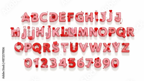 Valentine's Day themed alphabet and numbers in pink with heart shapes and splashes, perfect for romantic celebrations and love-themed designs