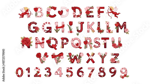Decorative Valentine's Day Alphabet And Numbers Featuring Hearts, Roses, And Cherubs For Romantic Designs
