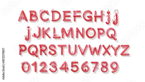 Set of red alphabet letters and numbers with a soft, glossy texture, resembling inflatable balloons or sculpted candy, against a white background, perfect for festive and celebratory designs