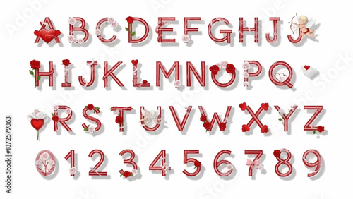 Red Rose and Heart Decorated Alphabet and Numbers Collection for Valentine's Day and Love Theme Designs