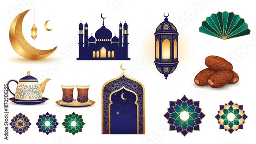 Crescent moon, mosque, lantern, and dates arranged with tea set and intricate designs