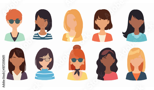 Diverse Cartoon Women Portraits Vector Set with Different Hairstyles