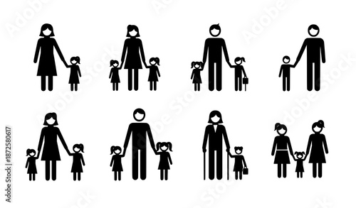 Diverse Family Group Holding Hands Silhouette Vector Icons