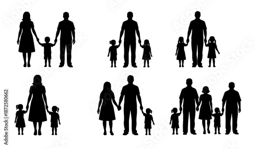 Family Holding Hands Silhouette Vector Illustration Set
