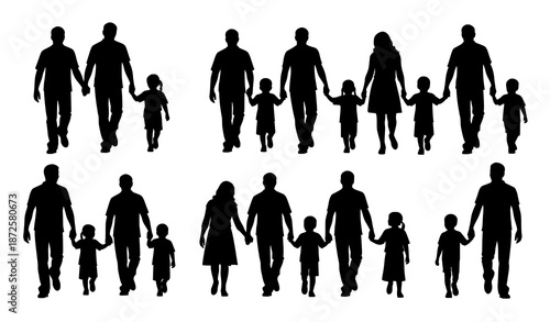 Parents and Children Walking Together Silhouette Vector Set
