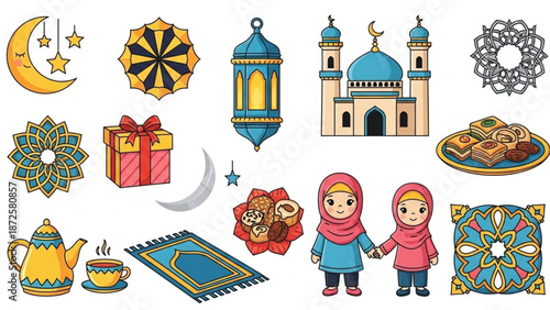 Celebrating Eid with Children and Traditional Symbols in a Vibrant Illustration