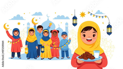 A young girl in a yellow headscarf holding a plate with a group of people celebrating Ramadan together