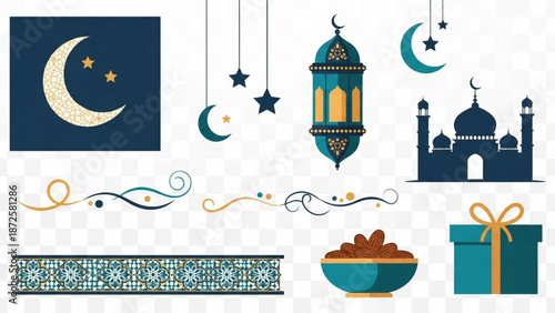 Celebrating a festive night with lantern, mosque, and gift in a serene environment viewed from above