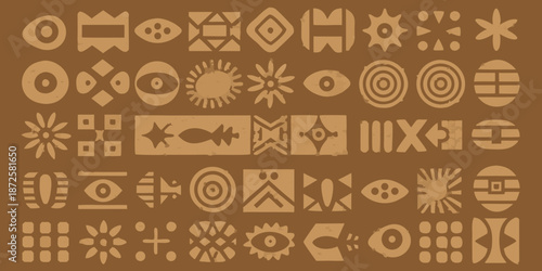 A collection of ancient stylized symbols and geometric patterns in a uniform tone