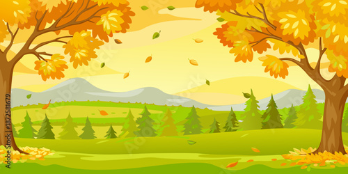 Autumn landscape with falling leaves trees mountains and a grassy field