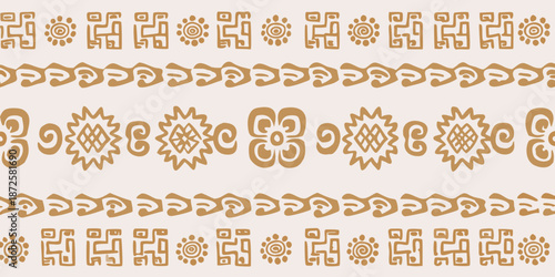 Intricate repeating pattern of stylized tribal motifs in beige and brown