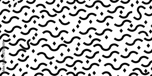 Abstract black and white wavy pattern with scattered diamond shapes